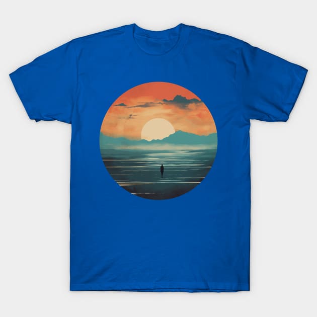 Romantic Sci-Fi Planet Lonely Wanderer Orange Sky Design T-Shirt by yambuto